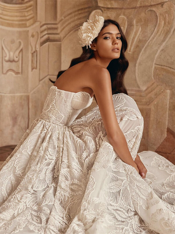 Charming Sweetheart Neck Bridal Dress 2024 Simple Tulle Wedding Dress Classic Appliquéd Floor-length Dress Vestidos De Novia