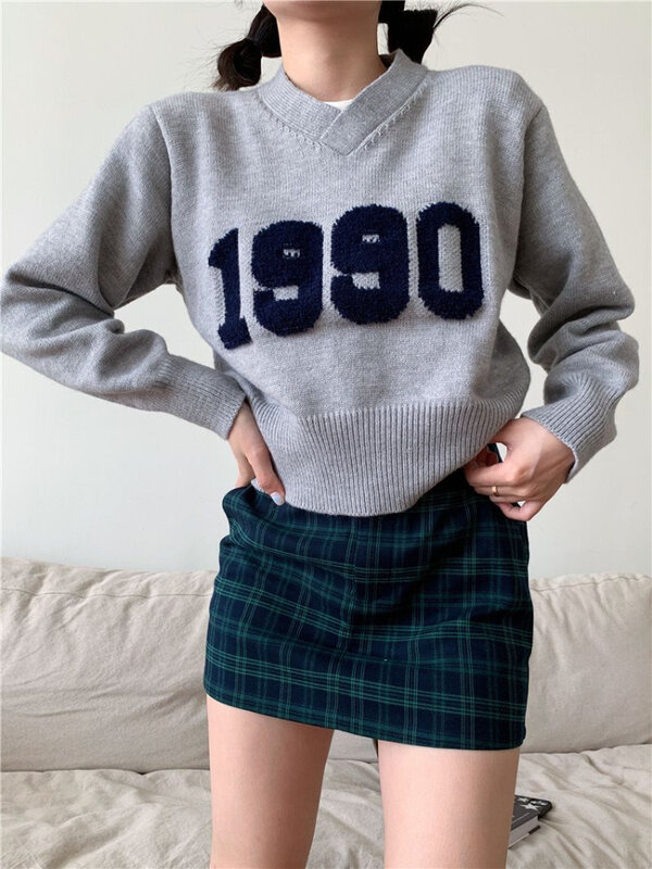 Deeptown Harajuku maglione corto donna Vintage autunno inverno maglione lavorato a maglia moda scollo a v allentato Casual All-match Pullover top