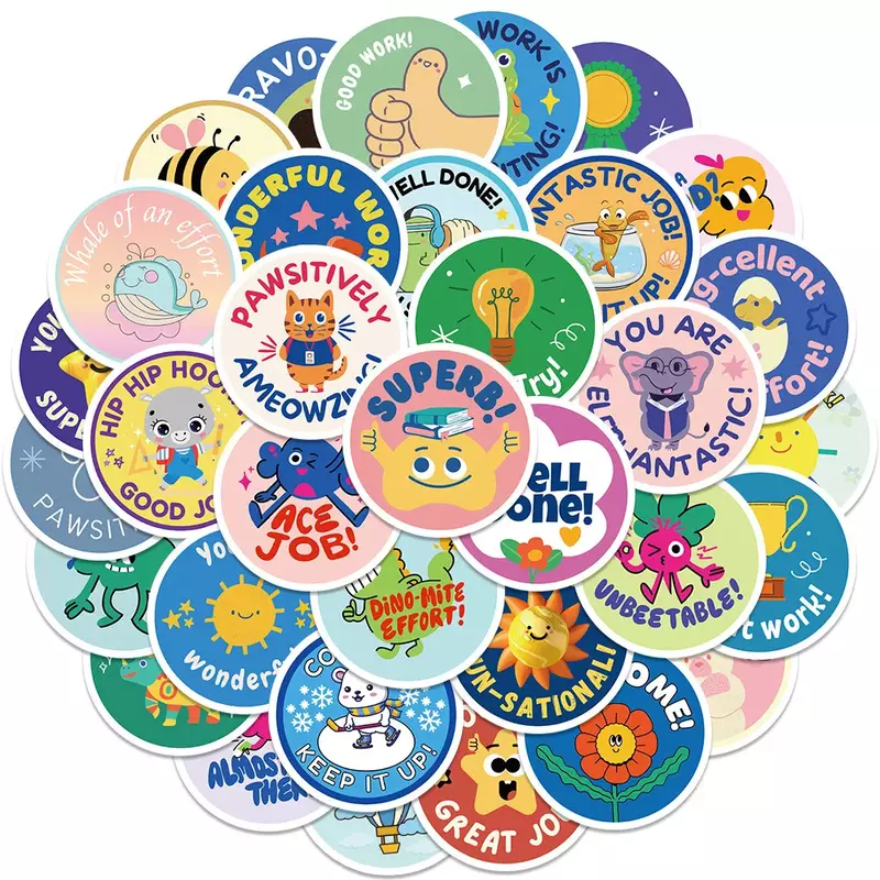 Pegatina de recompensa de dibujos animados para niños, 50 piezas, recompensa de maestro, etiqueta de Sello de oficina, etiqueta de Animal