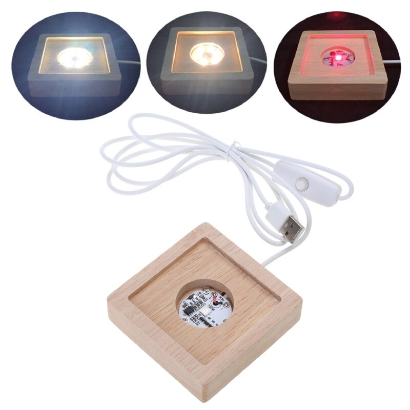 Base d'affichage lumières LED colorées/blanches, lumière chaude, support Base éclairé en bois avec câble USB, pièce