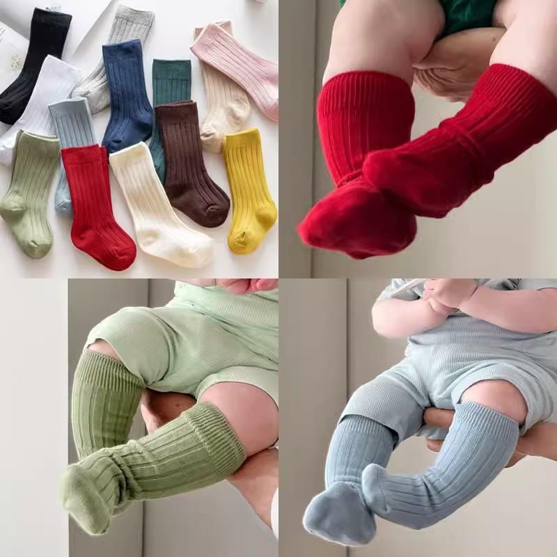 Meias altas de algodão com nervuras de joelho infantil, meias de tubo longo para meninos e meninas, bebê, 18 cores, casual