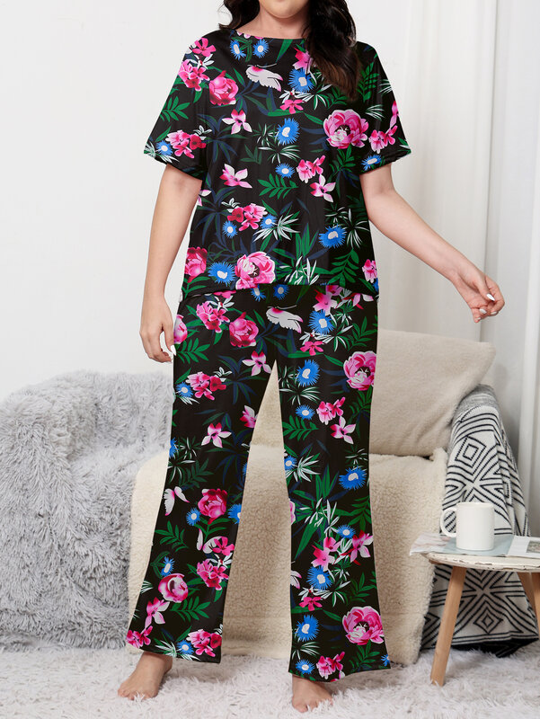 Plus size pajama clothing, plus size home clothing set, plus size short sleeved long pants set, can be worn with milk silk mater