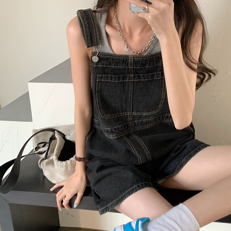 SML 2Colors Summer korean preppy style Jumpsuit Denim Overalls For Womens Girls blue Jeans Shorts womens (78655)