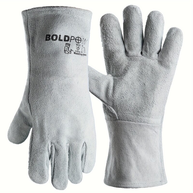 BOLDPOINT 1 paio di guanti per saldatura in pelle, taglia unica, resistenti al calore per saldatura e taglio, foderati in cotone, polsino per guanto, Unisex