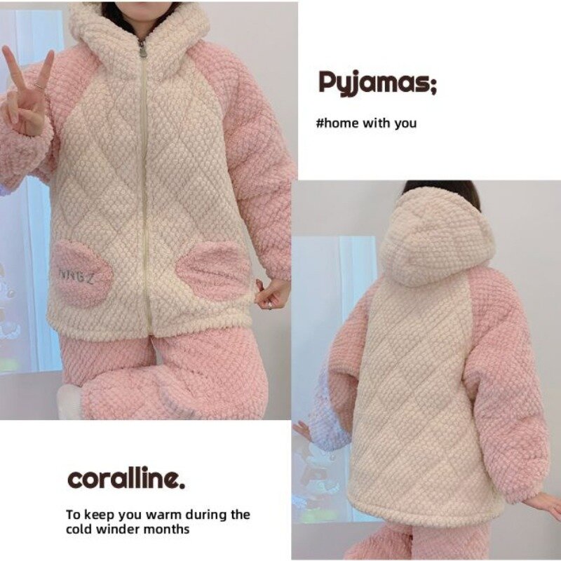 Coral Velvet Pajama Women's Winter Three-layer Cotton Sleepwear Thicken Plush Insulation New Home Clothes Flannel Loungewear Set