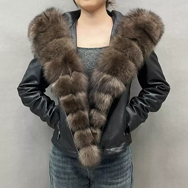 2023 naturalna skóra długie rękawy dla kobiet kołnierz z futra lisa płaszcz płaszcz skórzany kurtka jesień zima luksusowe kurtka z wełny ze strzyży