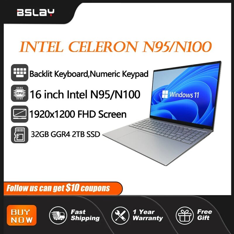 Portátil Intel Celeron Pro Office, Notebook Bluetooth, PC, Intel Celeron N95, N100, Windows 11, 16 ", 32GB, DDR4, SSD 2TB, 1920x1200 IPS, Netbook