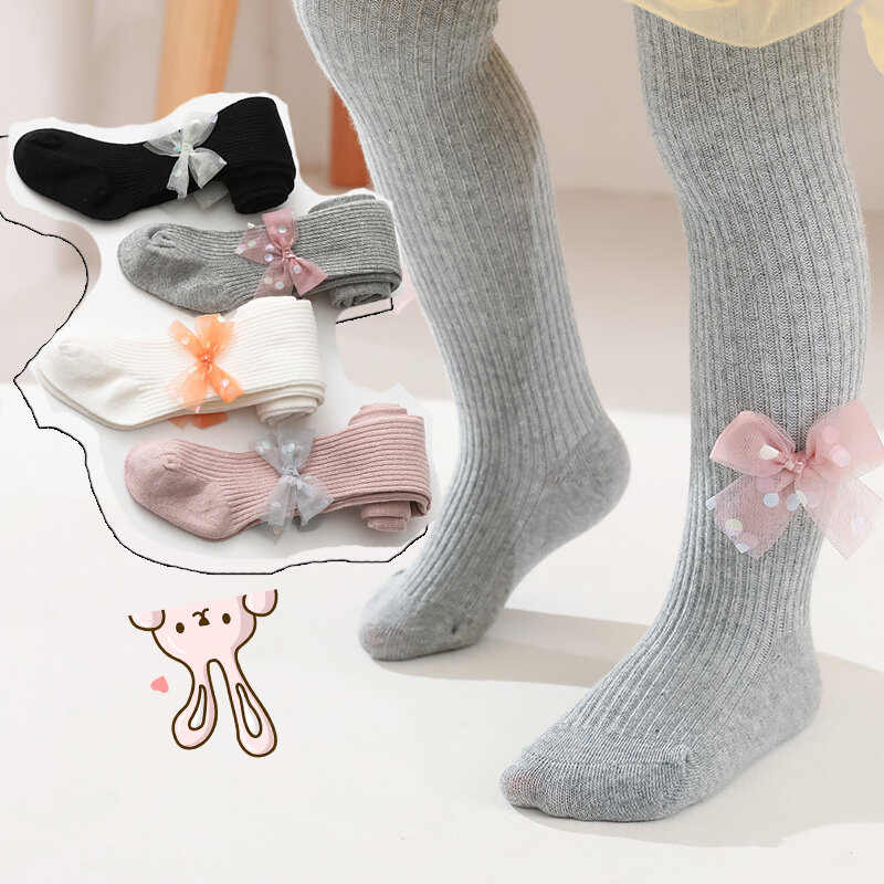 Pantis de algodón para niñas pequeñas, medias de malla de lunares con lazo, para primavera y otoño