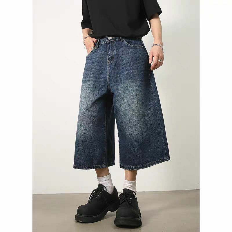 Jeans retrô de perna larga para homens e mulheres, solto, emagrecedor, perna reta, shorts jeans lavados, verão, novo