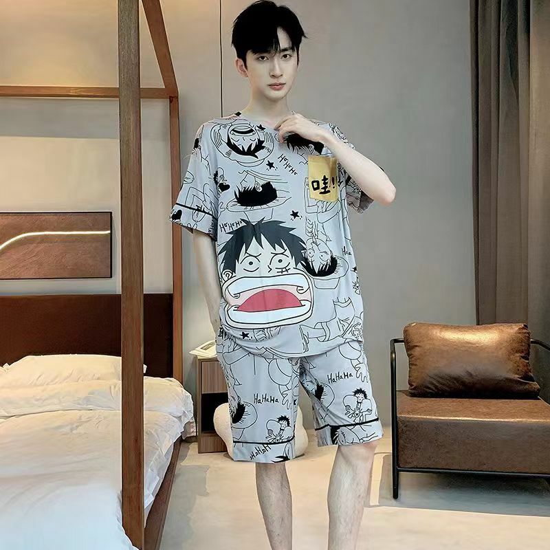 Мужская Тонкая Пижама, домашний костюм, летняя Аниме Пижама, комплект из мягкой вискозы, пижама с круглым вырезом, мультяшная Ночная одежда, свободная одежда для комнаты, топы