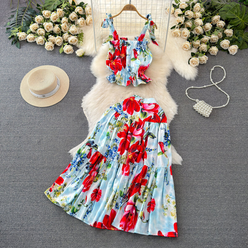 Conjunto de roupas femininas de verão de duas peças, terno de férias, tops de colete de peito, cintura alta, saia linha A, moda