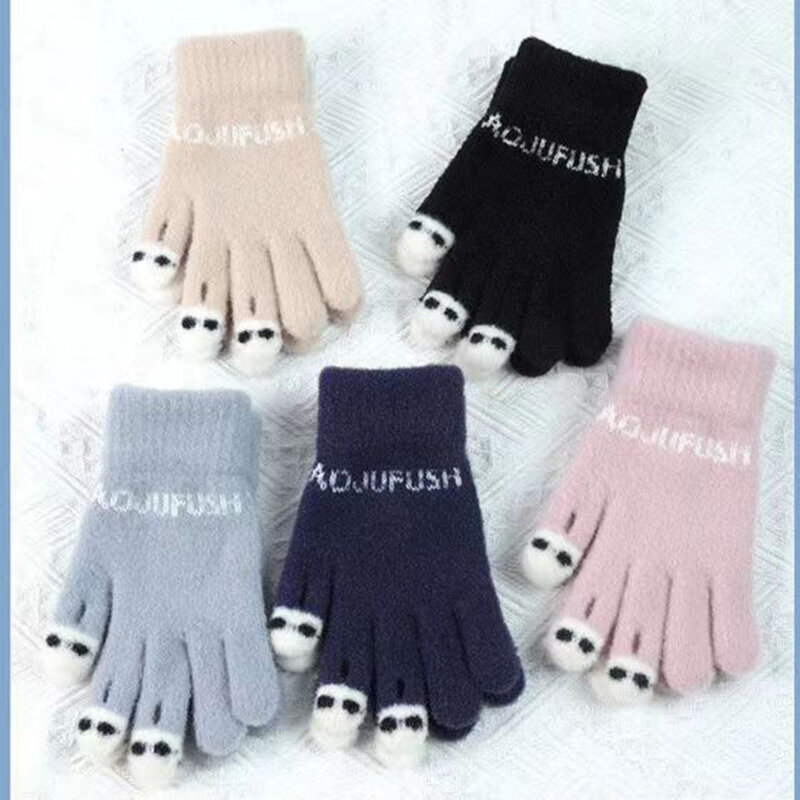 Sarung tangan rajut wanita, sarung tangan jari terbuka hangat kartun Panda, sarung tangan layar sentuh jari penuh lucu, sarung tangan rajut luar ruangan musim dingin