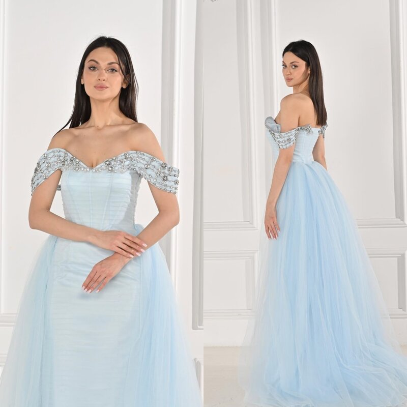 Ball Dress Evening Tulle Beading Draped Pleat Christmas A-line Off-the-shoulder Bespoke Occasion Gown Long Dresses Saudi Arabia