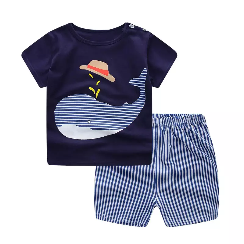 Merek Katun Set Bayi Santai Olahraga Laki-laki Kaus + Set Celana Pendek Balita Pakaian Bayi Laki-laki Pakaian