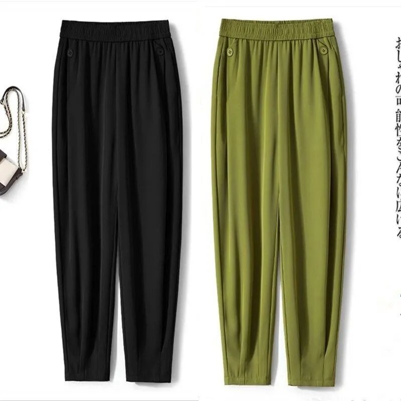 Summer New High Quality Casual Pants Women Fashion high-waisted Harem Trousers Ladies Ice Silk Trousers Thin Breathable Pants