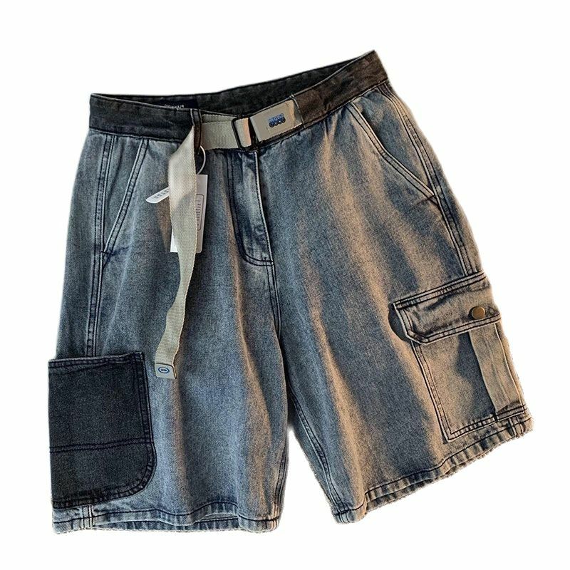 Shorts American Vintage Trendy Workwear Men Women Summer Patchwork Denim Capris American High Street Straight Tube Short Pants