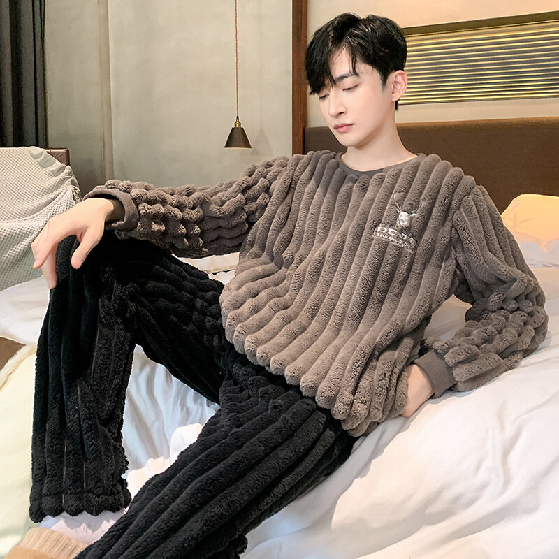 Pyjama en flanelle épais et chaud pour hommes, manches longues, velours corail, mode coréenne, vêtements de nuit, ensemble pour la maison, hiver 2022