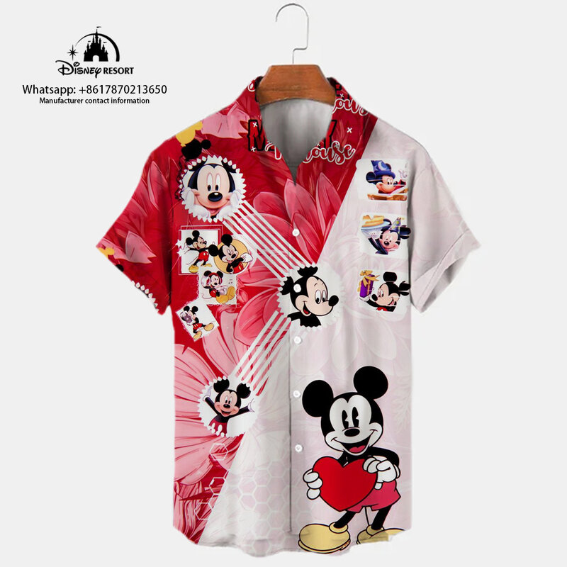 2024 New 3D Fashion Harajuku Street Style Lapel Short Sleeve Single Breasted Shirt Mickey Pattern Print Casual Beach Shirt Y2K