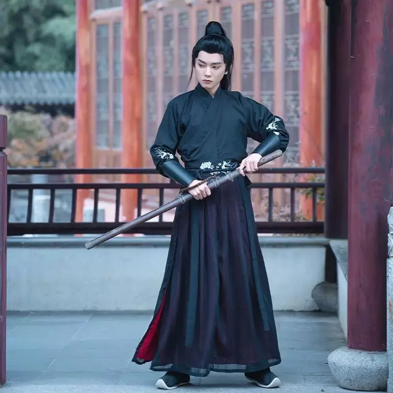 Hanfu kostum Cosplay tradisional Cina pria, set rok + baju Hanfu kuno hitam & merah ukuran besar 4XL