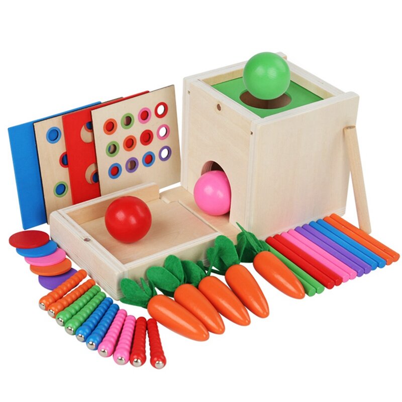 6-In-1 Wooden Montessori Toy Kit Object Permanence Box Play Set With Coin Box Carrot Harvest Shape Sorter Ball Drop Toy Durable