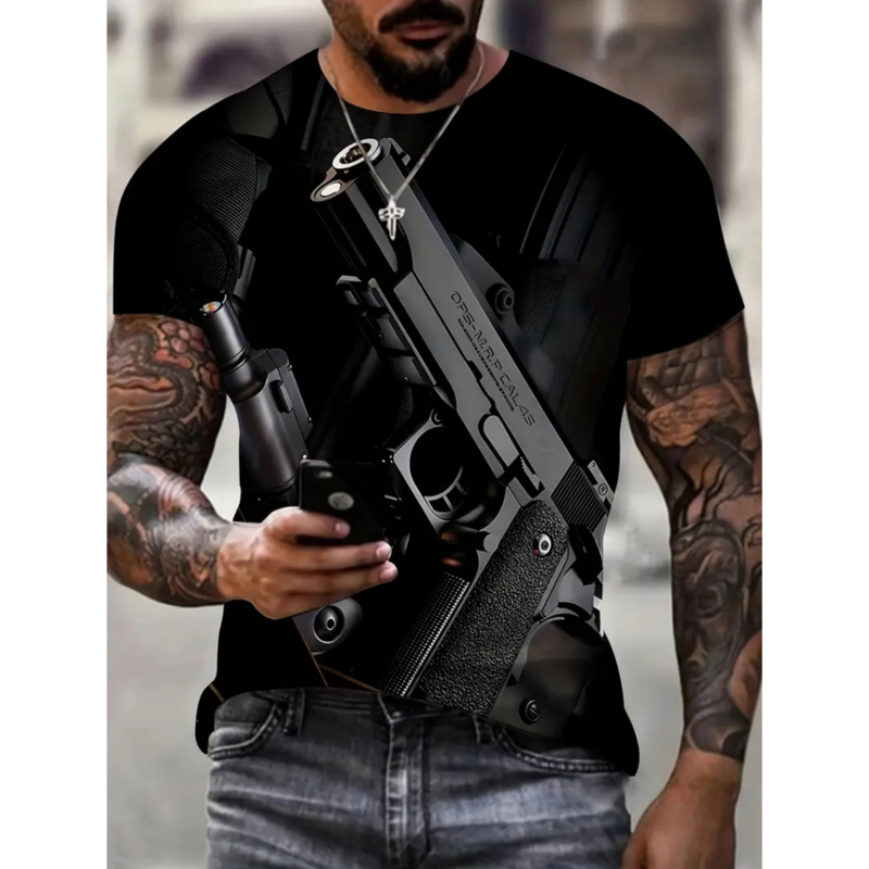 Męska koszulka pistolet Retro lato 3d nadruk główna ulica męska odzież pistolet T-Shirt dla mężczyzn mechaniczna codzienny Top z krótkim rękawem koszulka