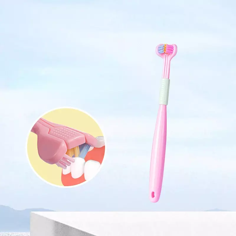 Três lado dos doces cor escova de dentes macia bebê cuidados de saúde oral crianças 360 ° dentes limpos escova limpa crianças cuidados dentários 3-12y