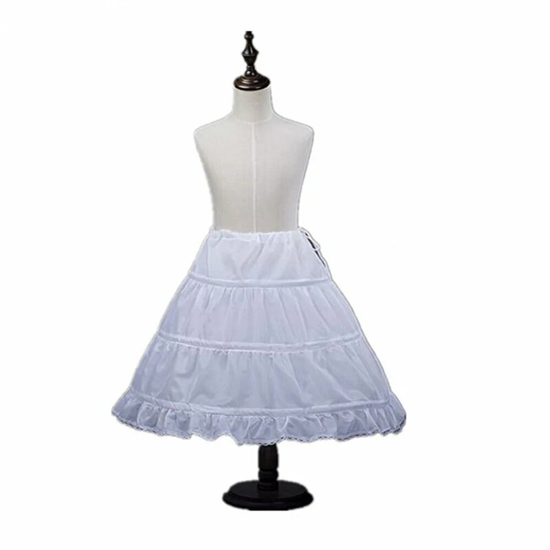 White Children Kids Petticoat A- Line 3 Hoops One Layer Kids Crinoline Lace Trim Flower Girl Dress Underskirt Elastic Waist