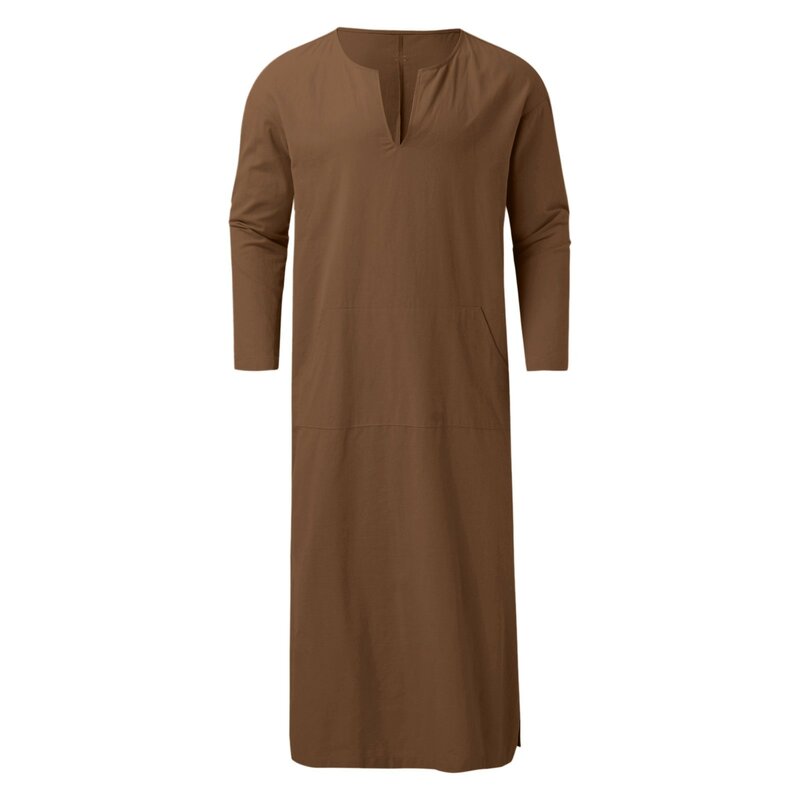 Kemeja jubah Muslim longgar kasual pria mode padat setengah lengan Abaya Kaftan dengan saku Timur Tengah jubah Arab Dubai