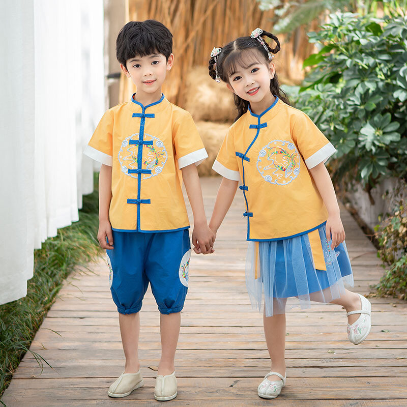 Jungen Und Mädchen Sommer Neue Chinesischen Stil Vintage Hanfu Kinder Oriental Stickerei Zwei Stück Anzug Leistung Rolle Spielen Kostüm