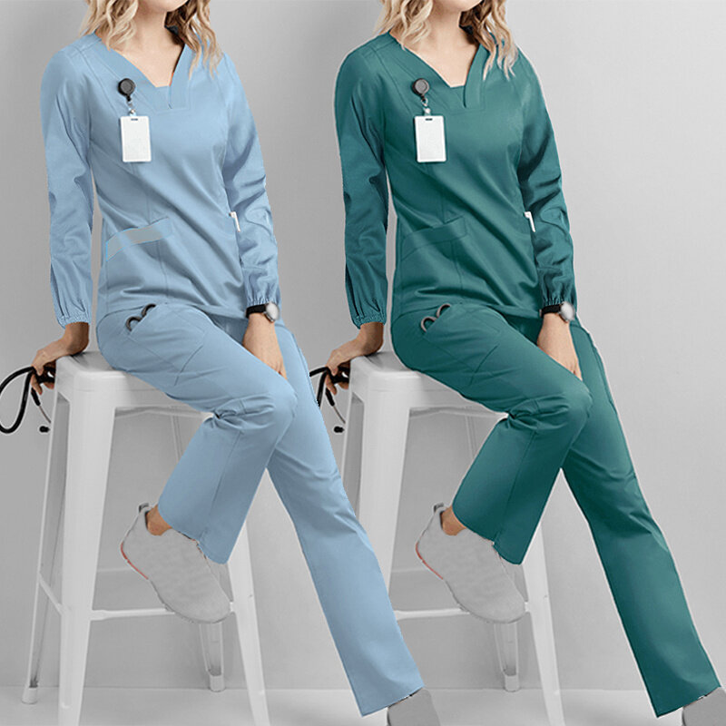 Медицинская Униформа скрабы для женщин 2023 с длинным рукавом, V-образным вырезом и карманами, футболка для работников здравоохранения, топы, осенняя униформа для женщин