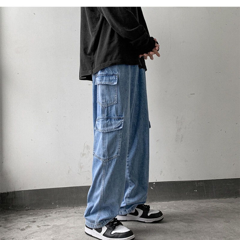 Jeans à jambes larges rétro pour hommes, pantalons de travail décontractés personnalisés, poches amples, style de rue américain, tendance automne