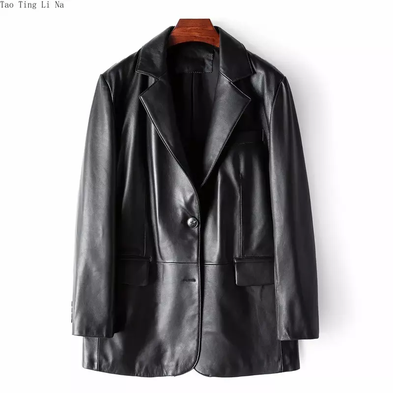Jaket kulit asli wanita H39, setelan kasual jaket kulit domba asli baru musim dingin 2023