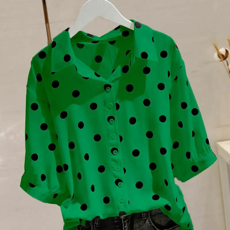 Polka Dot Shirt Tops Women's Short Sleeve Polo Neck Loose Thin All-match Loose Fashion Blouse Summer New Vintage Elegant Clothes
