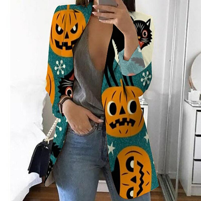 Women's Breathable Blazer Jacket Halloween Pumpkin Print Outerwear OL Style Elegant Office Long Sleeve Suit Loose Casual Clothes