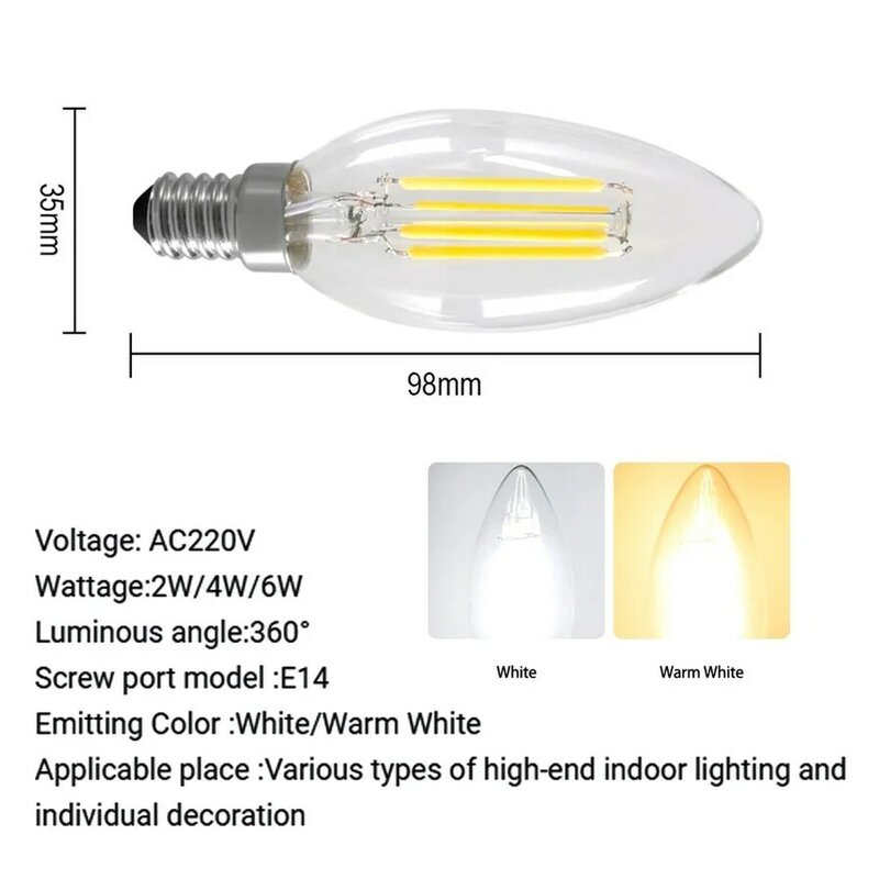 Vnzzo-LED Energy Saving Candle Bulb, Dimmable Luz, Luz do filamento, Lâmpadas de 360 graus, 2W, 4W, 6W, E14, E12, E27, 220V, 110V, 2700K, C35