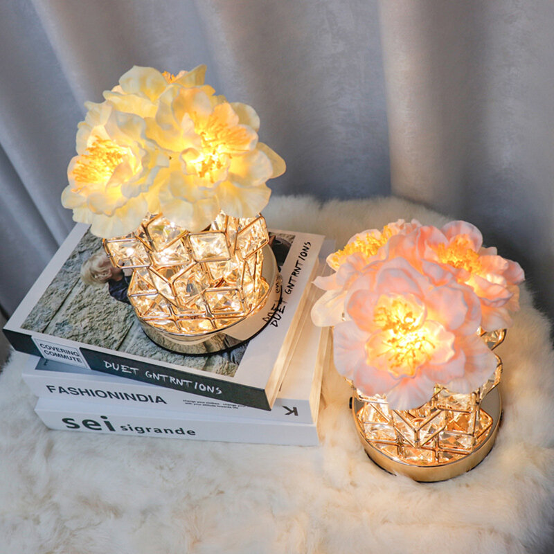 Lampu meja pot bunga LED, dekorasi rumah pencahayaan hangat lampu samping tempat tidur, lampu meja kristal empat lapis