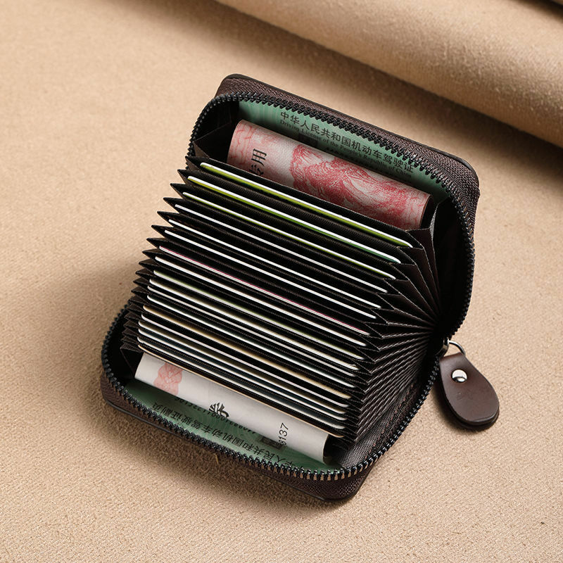 Multi Slot Card Holder Vintage Small Wallet Women Men Business Bank Credit Card Bag Male Coin Pouch Solid Leather Zipper Wallet