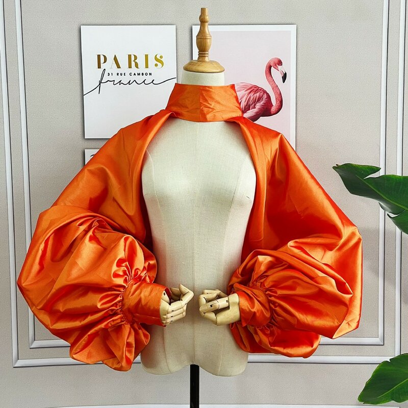 Jaket Fashion Emas Oranye Jubah Lengan Bengkak Selendang Bolero Pendek Leher Tinggi dengan Kancing Aksesori Pengantin