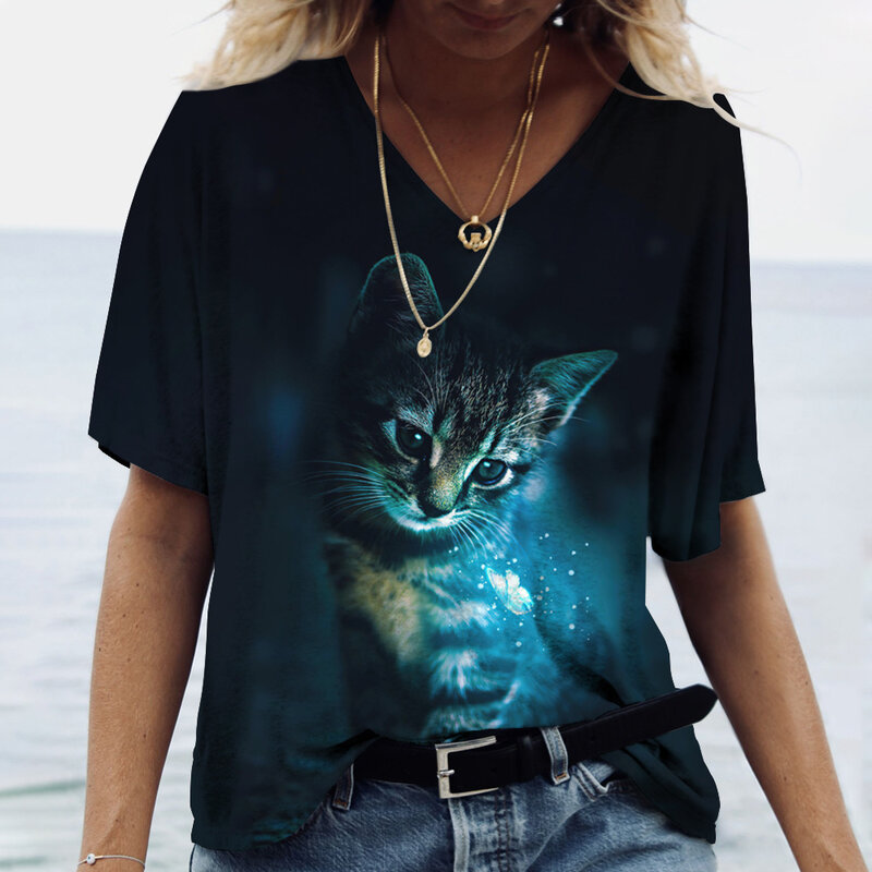 Camiseta de manga corta con estampado de gato para mujer, ropa Harajuku para mujer, Tops con cuello en V de gran tamaño, ropa de animales para mujer
