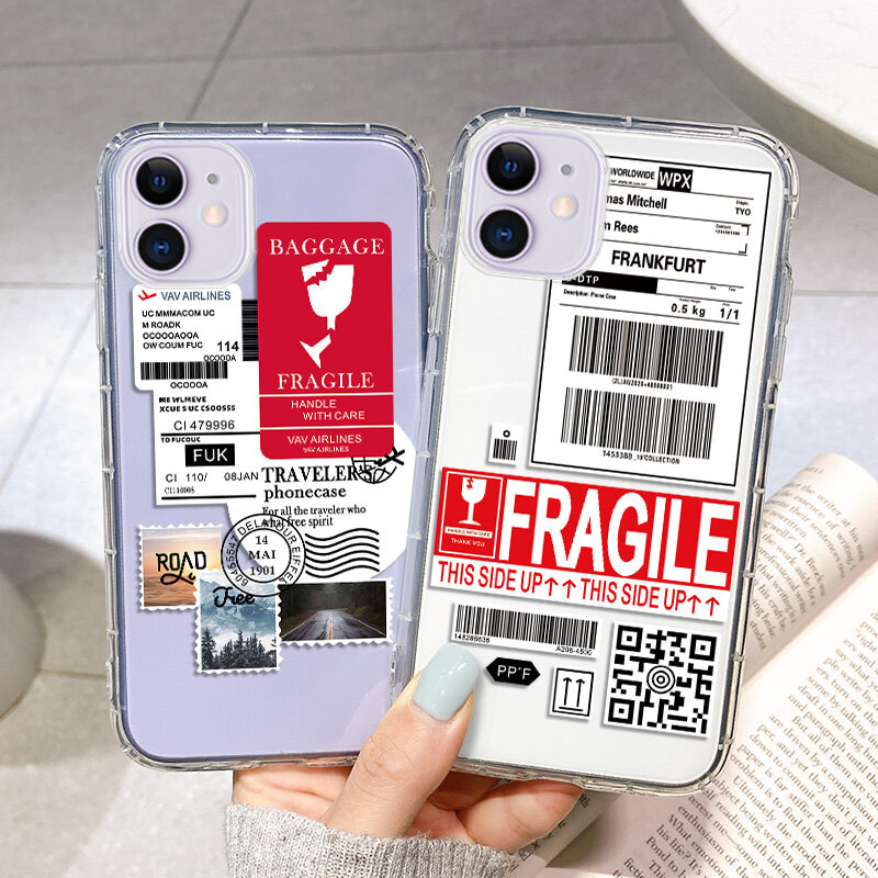 Custodia per telefono con etichetta adesiva Fragile per iPhone 13 Pro Max custodia iPhone 11 12 14 Pro Max 6s 7 8 Plus Xr X Xs Max SE 2020 Clear Funda