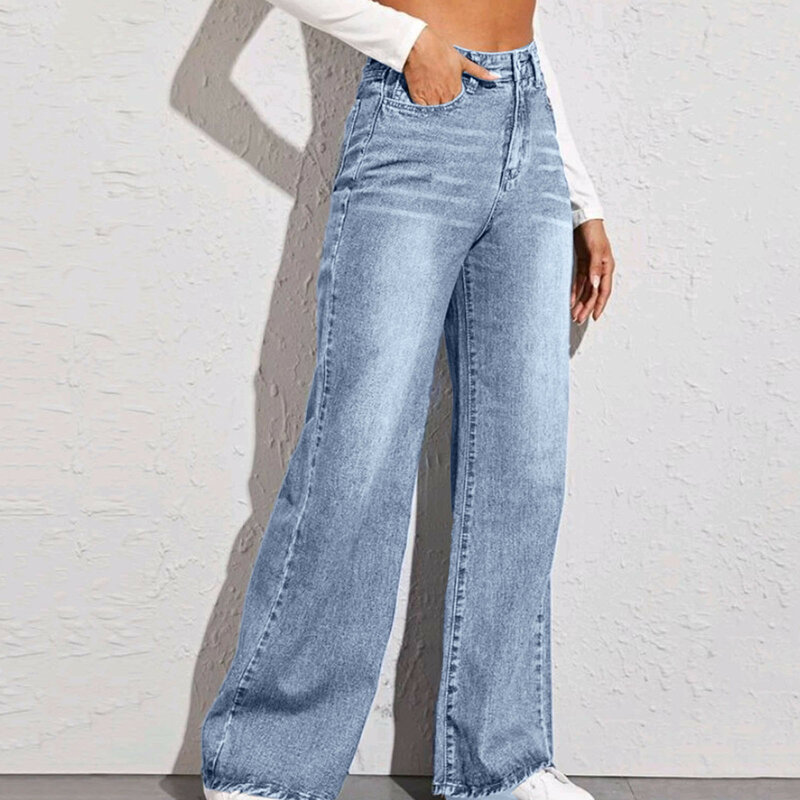 กางเกงยีนส์ขากว้างเอวสูงสำหรับสตรีทแวร์สีฟ้าอ่อนสำหรับสตรีทแวร์กางเกงลำลองทรงหลวม2024ฤดูร้อน