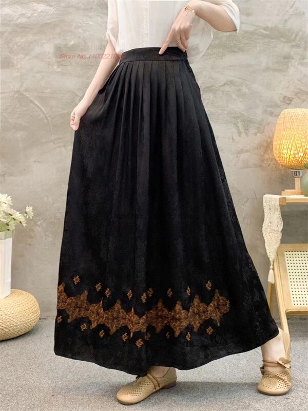 2024 chinese traditional skirt national flower embroidery satin jacquard skirt vintage a-line skirt folk elastic waist skirt
