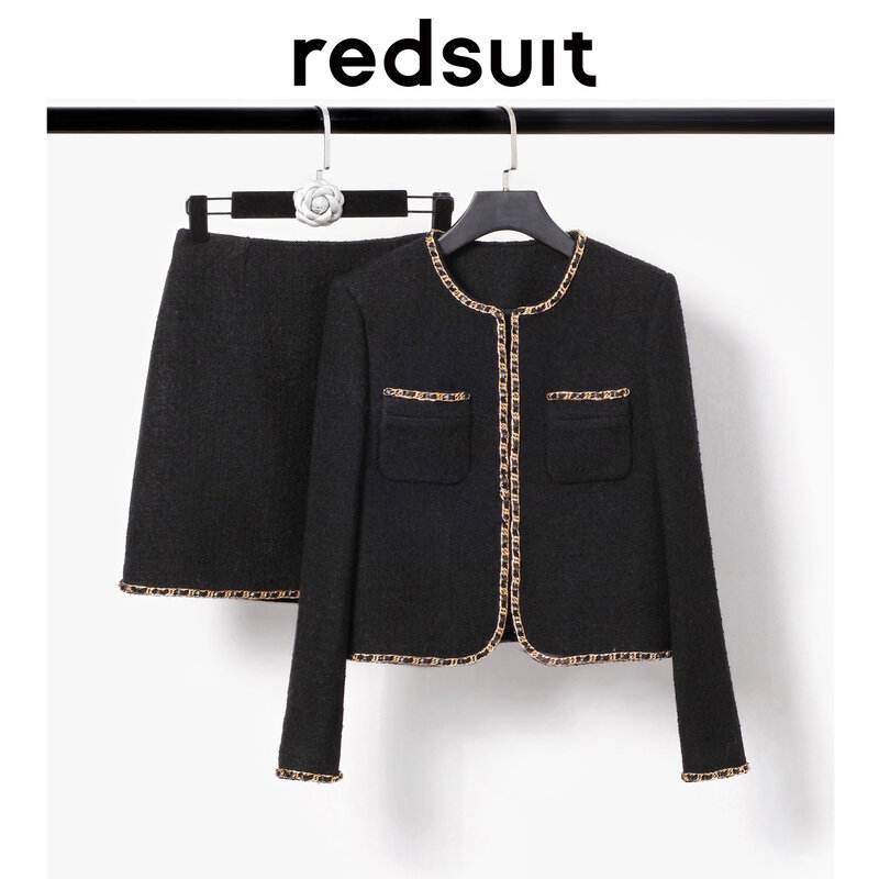 Redsuit clássico preto perfumado mão costurado cadeia, lã tecido casaco curto, meia saia slim set
