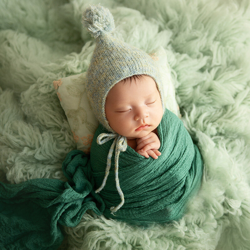 Newborn Photography Props Knitted Hat Swaddle Wrap Green Theme Set New Born Outfit Studio Baby Photoshoot Props Accessories