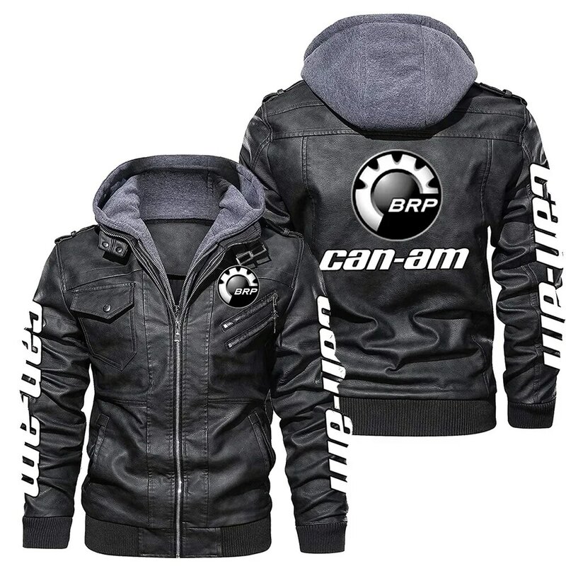 2023 New Winter men's euroversize Brp Can-am Logo Long Pu Leather Sleeve Zipper Hooded Jacket foderato in pile Fashion Keep Warm Coat
