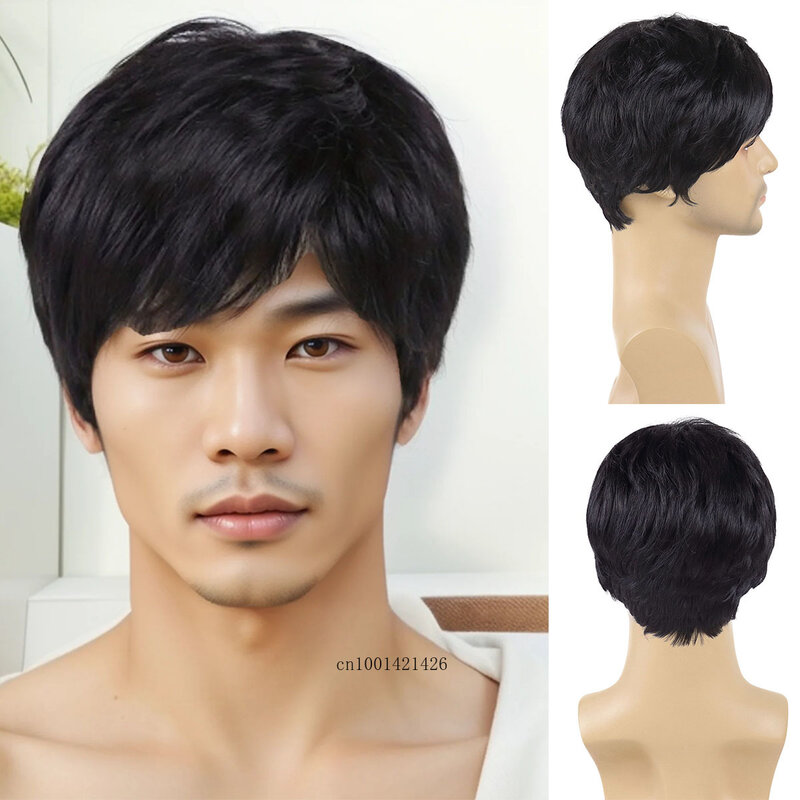 Synthetic Hair Black Color Short Wigs for Asain Men Natural Haircuts Cosplay Wig with Bangs Straight Costume Carnival Party Wigs