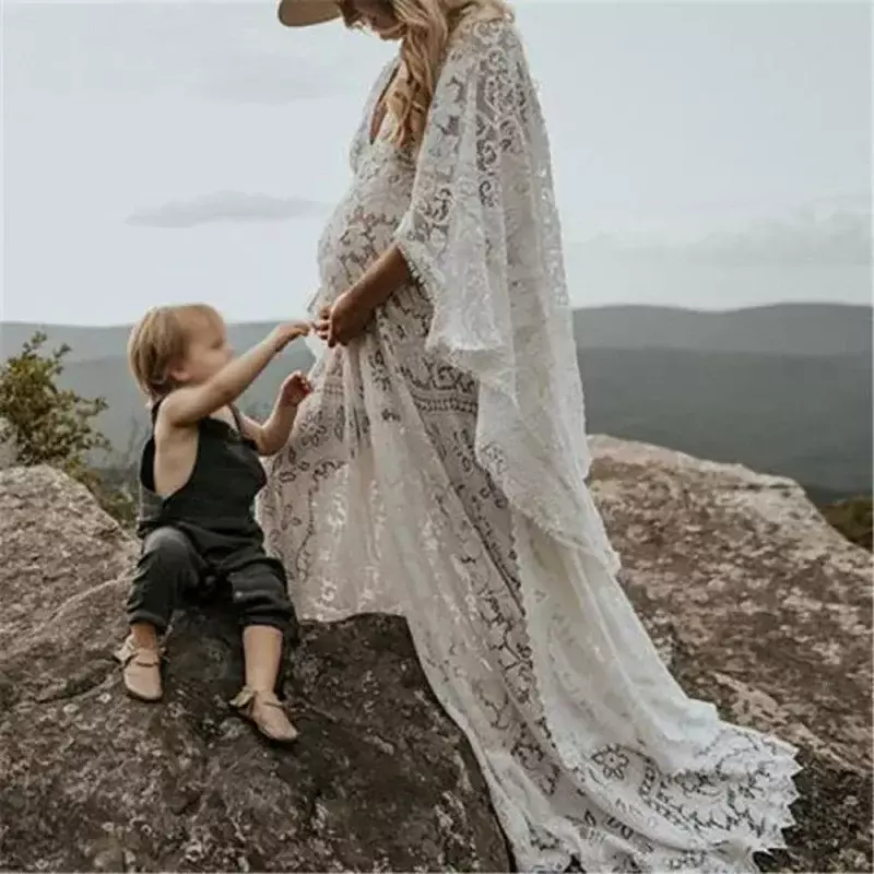 Vintage Maternity Boho Lace Batwing Sleeve Long Dress Gown for Pregnant Shooting Photo Photography Props Clothes for Baby Shower