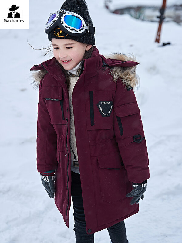 Пуховик для мальчиков и девочек, Длинная зимняя ветрозащитная куртка на белом утином пуху с меховым воротником и капюшоном, детский лыжный костюм, утепленная парка