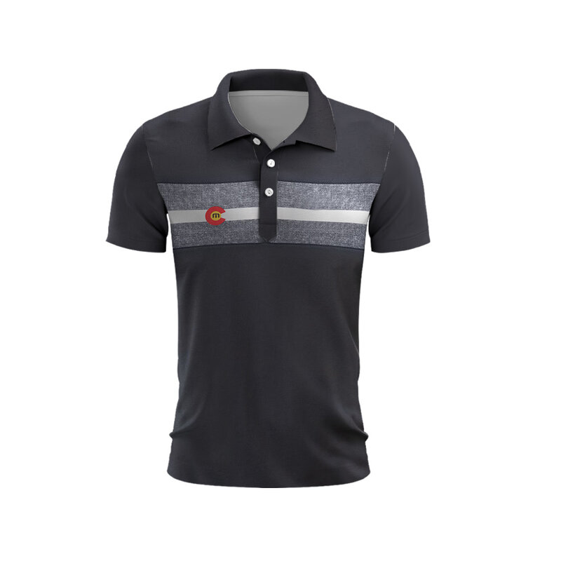 Polo de golfe listrado masculino, camisa seca rápida, padrão com logotipo C, parte superior de botão, Golf Club, verão