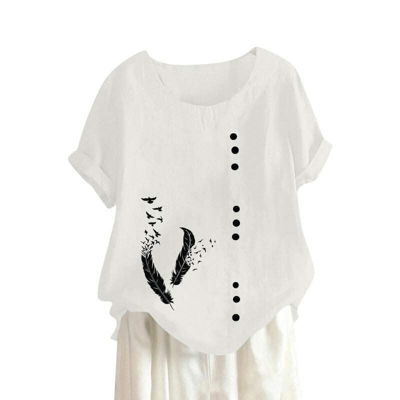 Camisa de lino y algodón para mujer, camiseta Vintage de manga corta, camiseta informal holgada con cuello redondo, ropa superior de verano